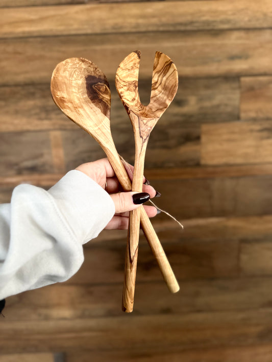 Olive Wood Modern Salad Servers // Set of Two