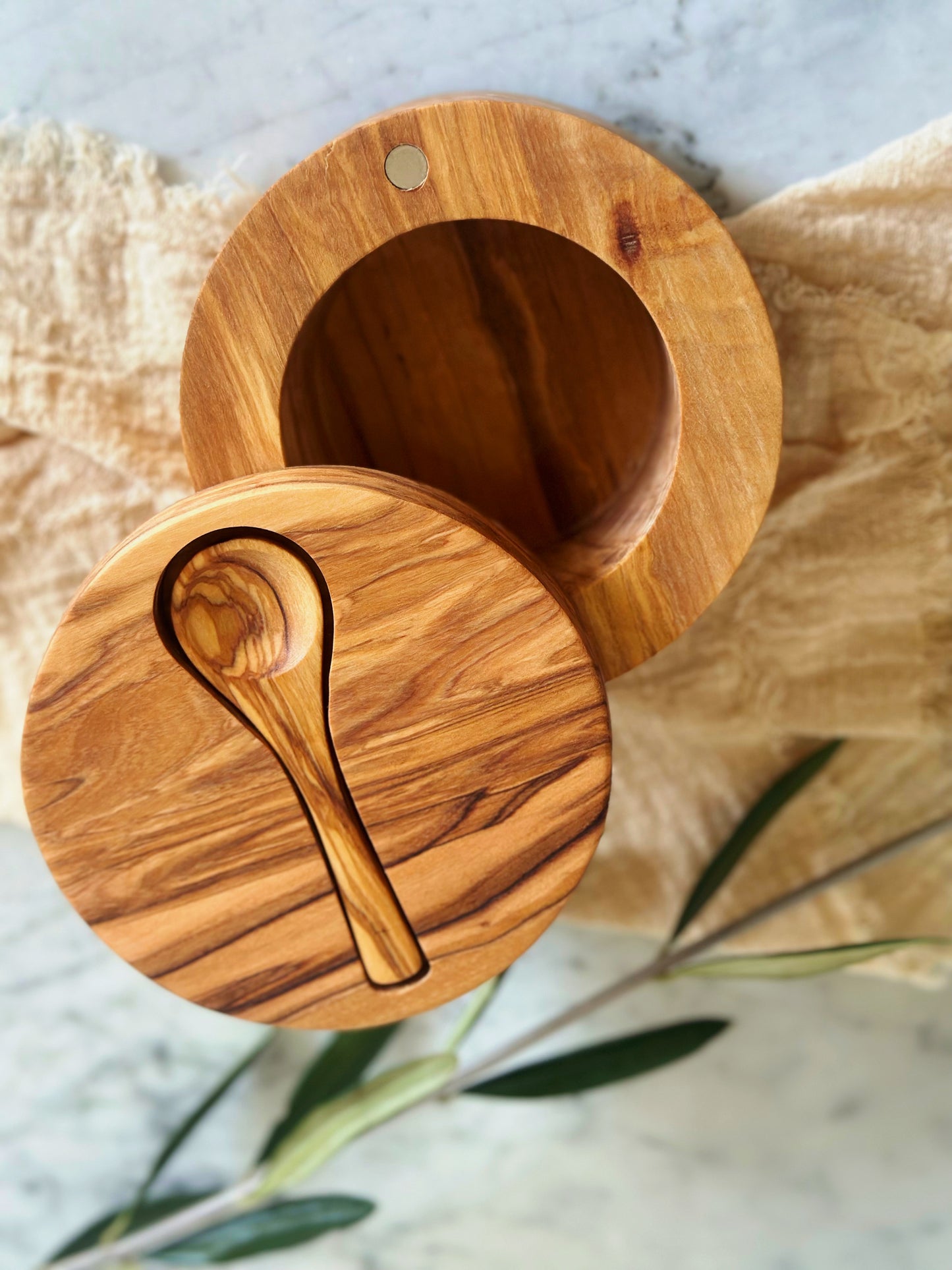 Olive Wood XL Salt Cellar w/ Spoon