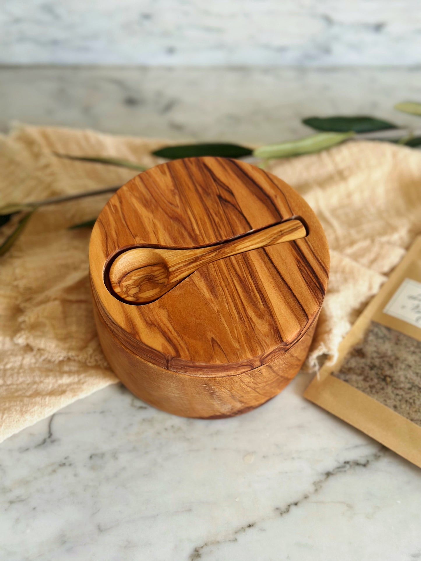 Olive Wood XL Salt Cellar w/ Spoon