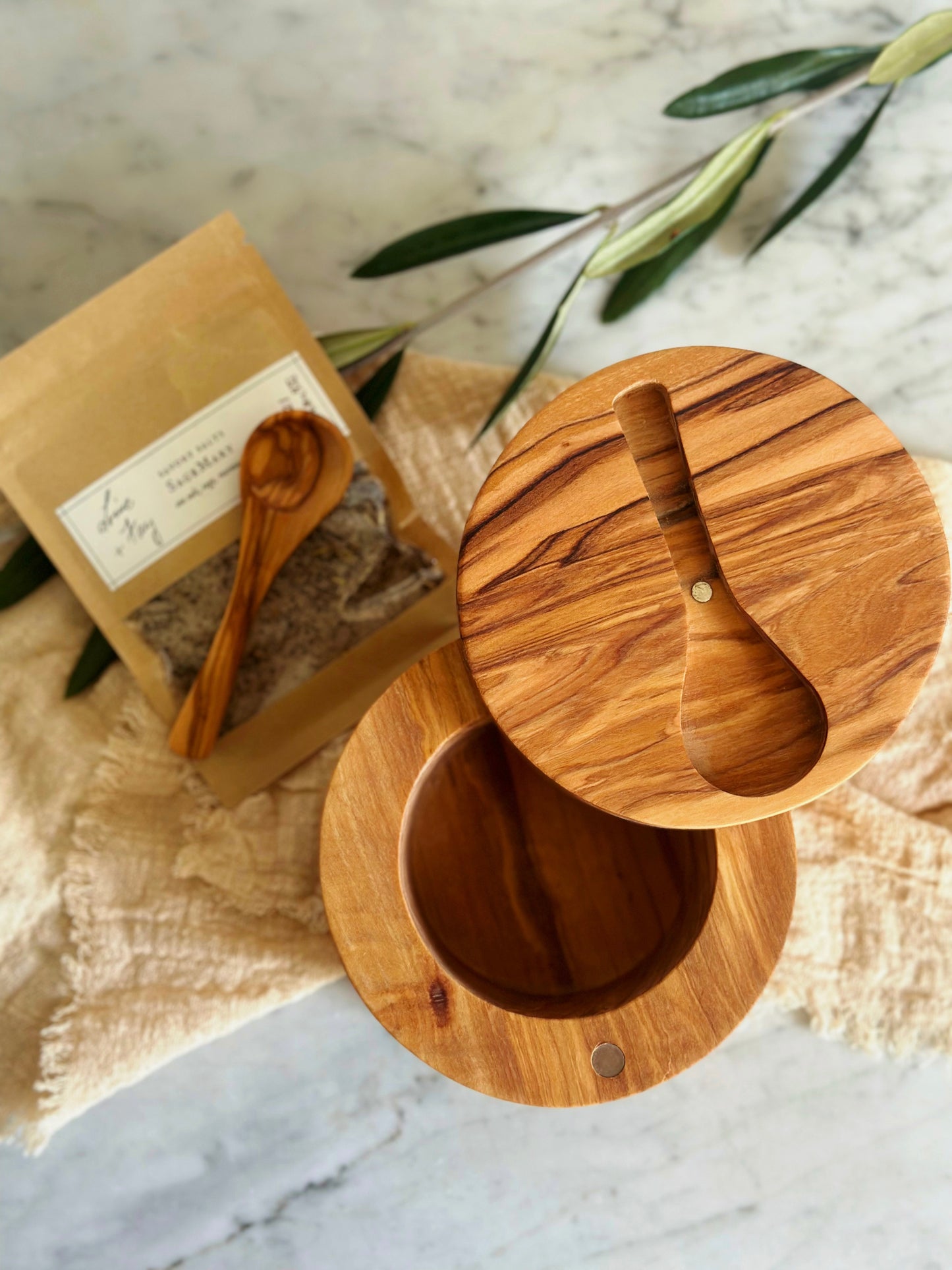 Olive Wood XL Salt Cellar w/ Spoon