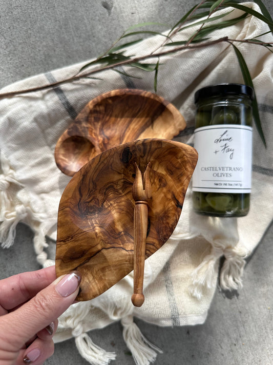 Olive Wood Olive Dish + Pick